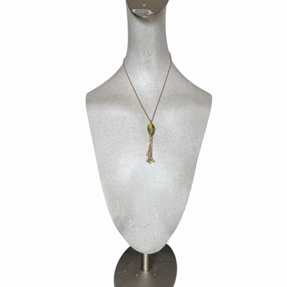 Lia Sophia Signed Green Glass Pendant Tassel Necklace Gold Tone Retired